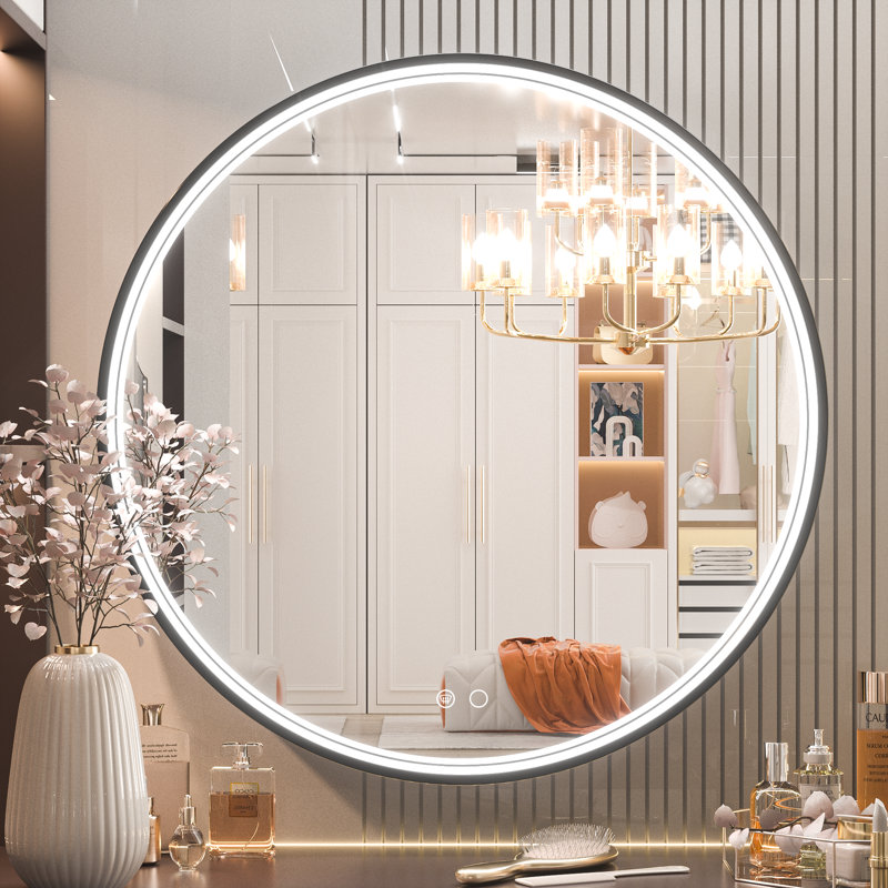 Ivy Bronx Akhiya Black Metal Frame LED Round Vanity Mirror with Lights